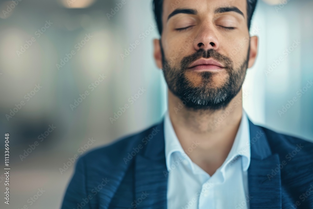 A business leader in a tranquil meditation moment. Mindfulness and clarity. Essence of calmness and focus before delivering a transformative announcement, showcasing leadership and strategic vision. A business leader in a tranquil meditation moment. Mindfulness and clarity. Essence of calmness and focus before delivering a transformative announcement, showcasing leadership and strategic vision.