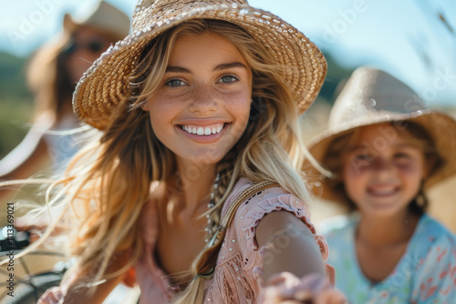 Parents smile lovingly while holding their baby, framed by pastel balloons, while another family enjoys outdoor bike rides, filling the scene with happiness and activity. photo