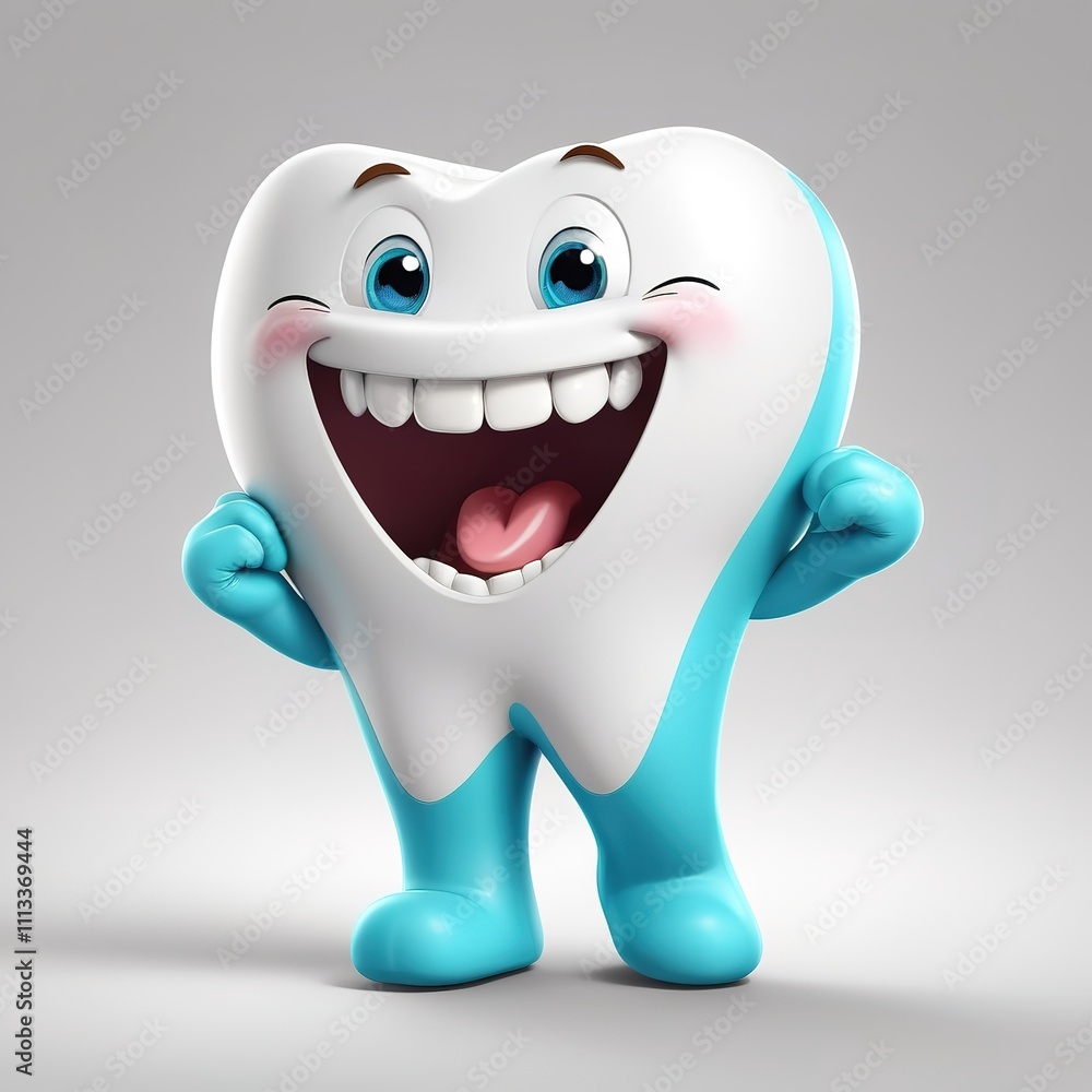 Fototapeta premium 3D cartoon mascot of strong, laughing white teeth, isolated on a light background.
