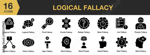 Logical Fallacy solid icon set. Includes wrong, critical thinking, false, brain, political, and More. Solid icons vector collection.