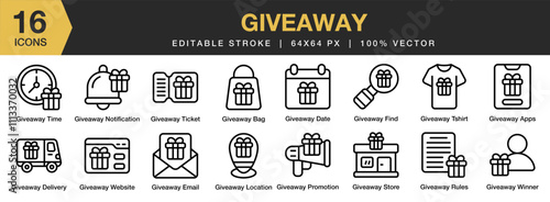 Giveaway icon set. Editable Stroke Icon Collection. Includes giveaway, event, gift, promo, promotion, marketing, and More. Outline icons vector collection.