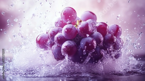 A cluster of fresh grapes is submerged in splashing water, capturing the essence of natural beauty suitable for wine production. The vivid colors reflect vitality and quality.