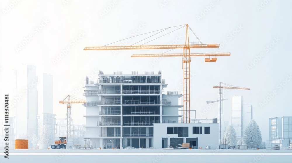 Modern Building Construction Site with Cranes Modern Building Construction Site with Cranes