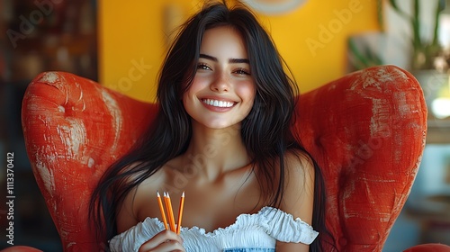 photo of a beautiful girl 20 years old with long black hair, who holds 3 pieces of pencils in her hand, smiles, the girl is sitting in a beautiful red chair, the background is yellow, she is  photo