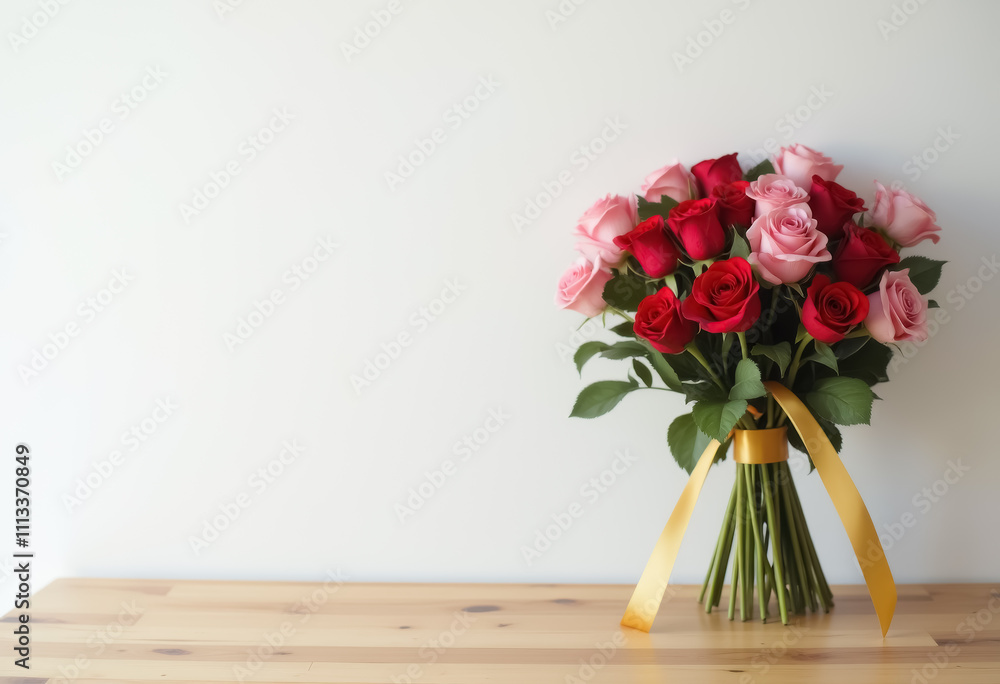 Fototapeta premium Elegant bouquet of red and pink roses on wooden table with golden ribbon for celebratory occasions