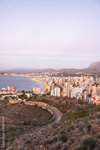 Obraz na płótnie Panorama in the Sunrise on a clear day over Benidorm in Spain from the Mirador de la Cruz. w salonie