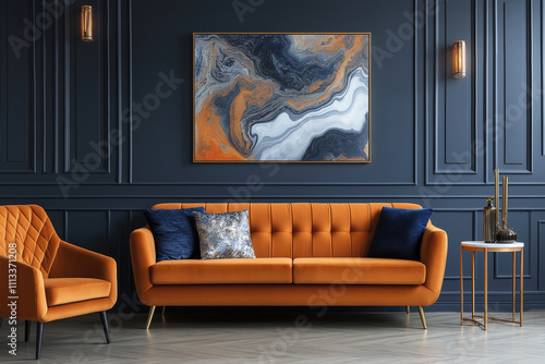 Orange sofa and armchair against fark blue classic background   photo