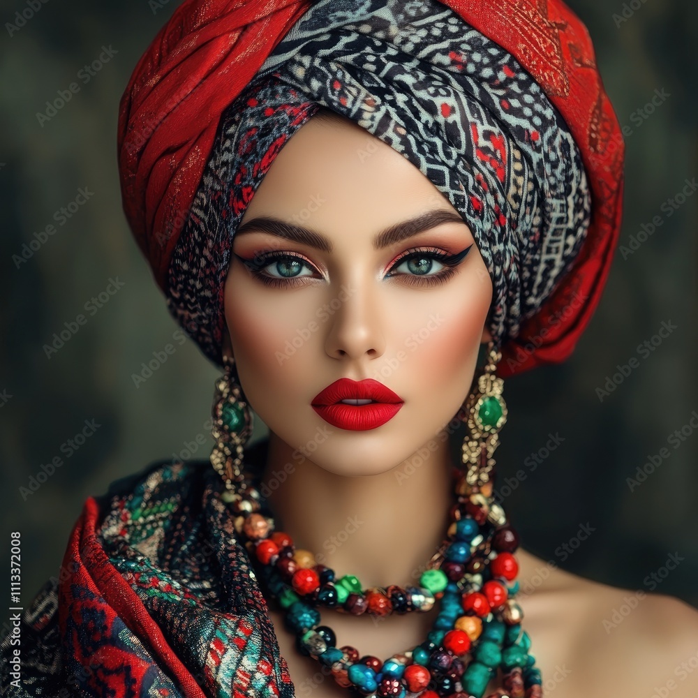 A beautiful woman with red lips and a colorful turban, adorned with stunning necklaces around her neck, showcases creative makeup in a fashion photo shoot A beautiful woman with red lips and a colorful turban, adorned with stunning necklaces around her neck, showcases creative makeup in a fashion photo shoot