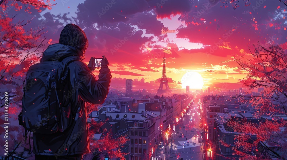 Fototapeta premium Tourist walking through the vibrant streets of a new city, capturing photos