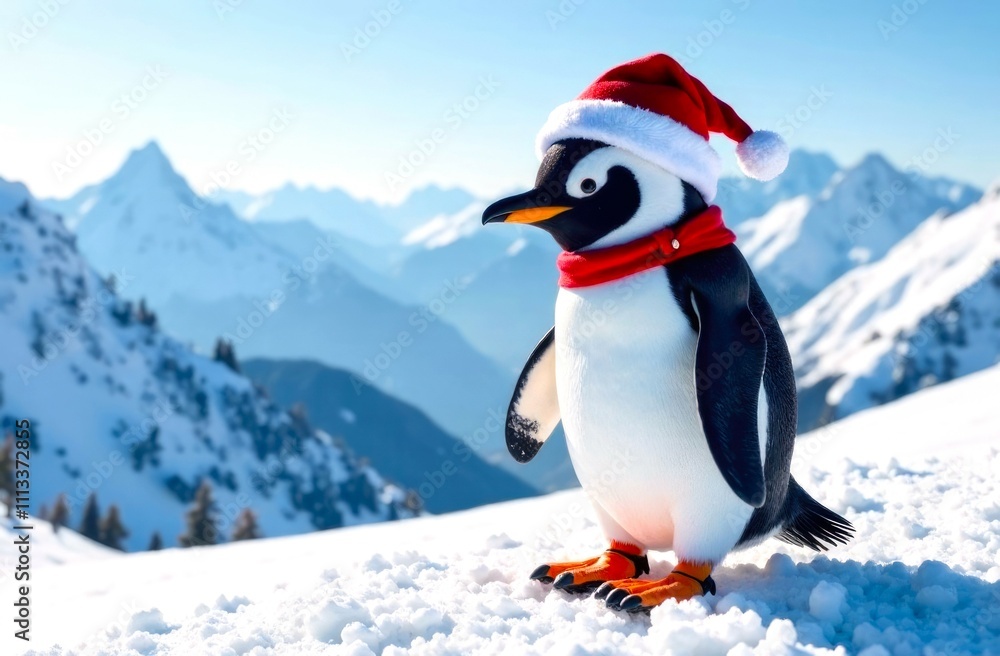 Fototapeta premium Penguin in a Santa Claus hat and a red scarf on snow in the winter, against the backdrop of Snow-covered Mountains. Close-up of funny Penguin. Illustration with Copy Space