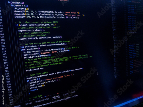Programming code on a computer screen. Source code photo. Embedded System Technology background. 