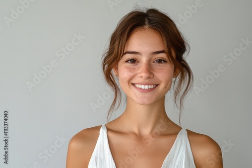 Woman in 20s to 30s pose in casual white attire with understated white gray backgrounds, exuding tranquility and elegance through simplicity.