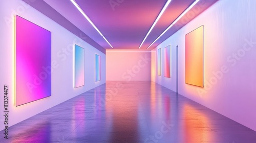 Neon-lit gallery, colorful canvases, sleek floor.