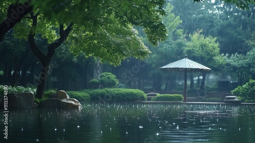 Rain falling on a tranquil garden pond scene