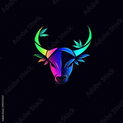 Vibrant multicolored bull head logo with cannabis leaves. photo