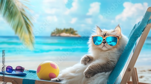 Cool Cat Relaxing on Tropical Beach in Sunglasses, Summer Vacation Paradise