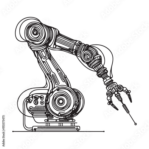 One continuous single drawing black line art doodle of robotic arm Industrial, representing automation and AI