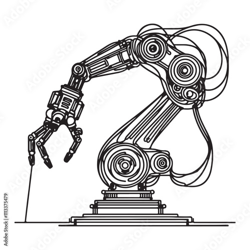 One continuous single drawing black line art doodle of robotic arm Industrial, representing automation and AI