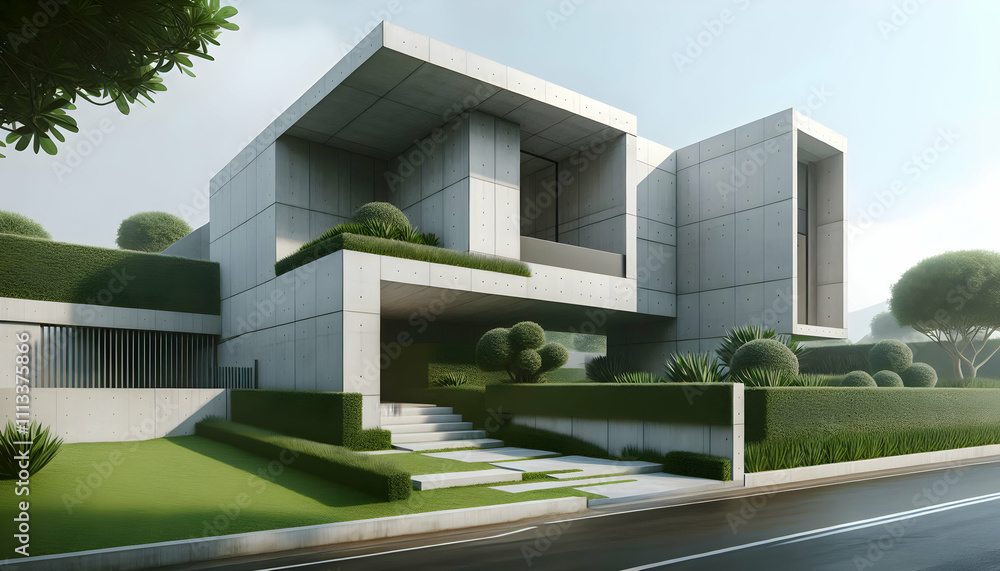 Real estate A minimalist villa with sharp angular lines, exposed concrete walls, and lush green hedges Real estate A minimalist villa with sharp angular lines, exposed concrete walls, and lush green hedges