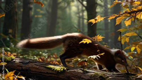 Animation of Weasel Running. Weasel darting through the forest, weaving between trees and leaves. Energetic motion. photo