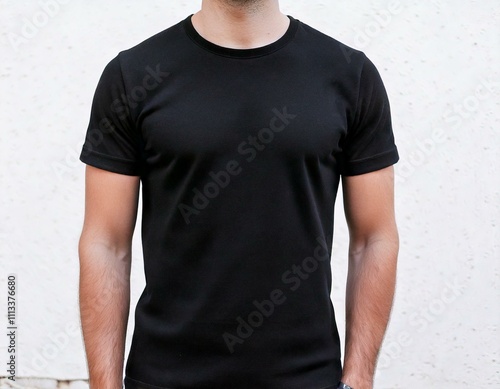 Young Model Shirt Mockup, Boy wearing black t-shirt on street in daylight, Shirt Mockup Template on hipster adult for design print, Male guy wearing casual t-shirt mockup placement, generative ai