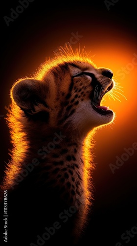 A cheetah cub yawns with the sun behind it, creating a fiery glow. photo