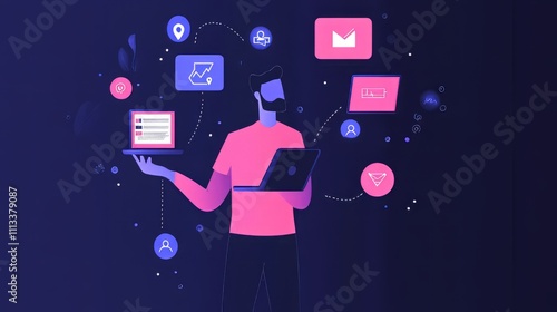 Businessman holding laptop with multiple digital devices and social media icons floating around, representing online marketing or technology concept.