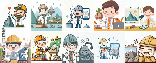 Vector Set of a Geologist in a Simple Flat Design Style