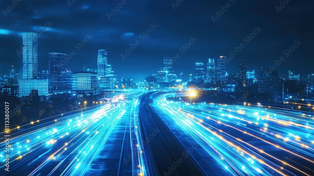 Naklejka premium Futuristic road with glowing pathways illuminating cityscape at night urban landscape aerial view technology concept