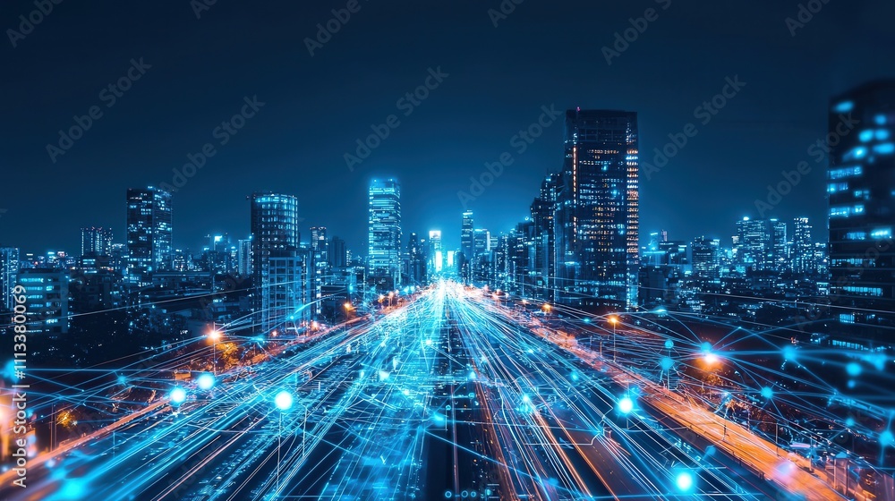 Fototapeta premium Futuristic road with glowing pathways urban city digital landscape night scene high-tech concept for future transport