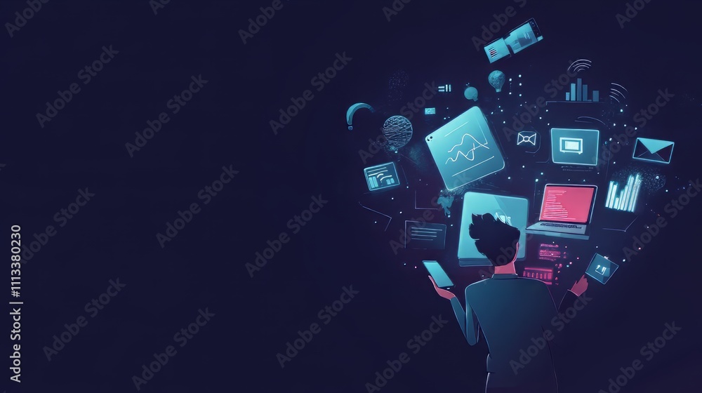 Businessman holding laptop with multiple digital devices and social media icons floating around, representing online marketing or technology concept. Businessman holding laptop with multiple digital devices and social media icons floating around, representing online marketing or technology concept.