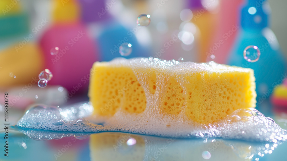 A yellow sponge is sitting in a bathtub filled with bubbles A yellow sponge is sitting in a bathtub filled with bubbles