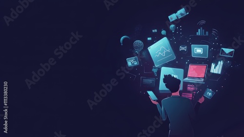 Businessman holding laptop with multiple digital devices and social media icons floating around, representing online marketing or technology concept.