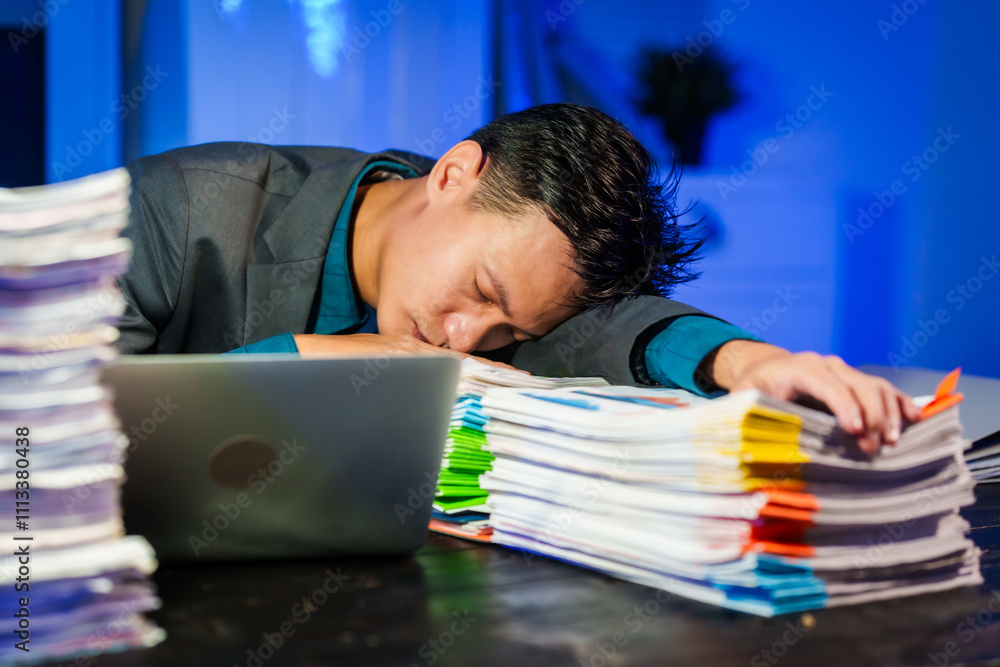 An Asian young businessman sits at his desk late at night, exhausted from overtime work. Resting his eyes, he becomes too tired and falls asleep on the documents An Asian young businessman sits at his desk late at night, exhausted from overtime work. Resting his eyes, he becomes too tired and falls asleep on the documents