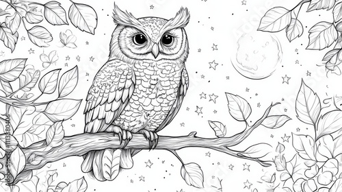majestic owl coloring book, Majestic Owl Perched Under Moonlit Sky
