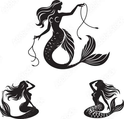 Mermaids Black and white silhouette in a vector farm   photo