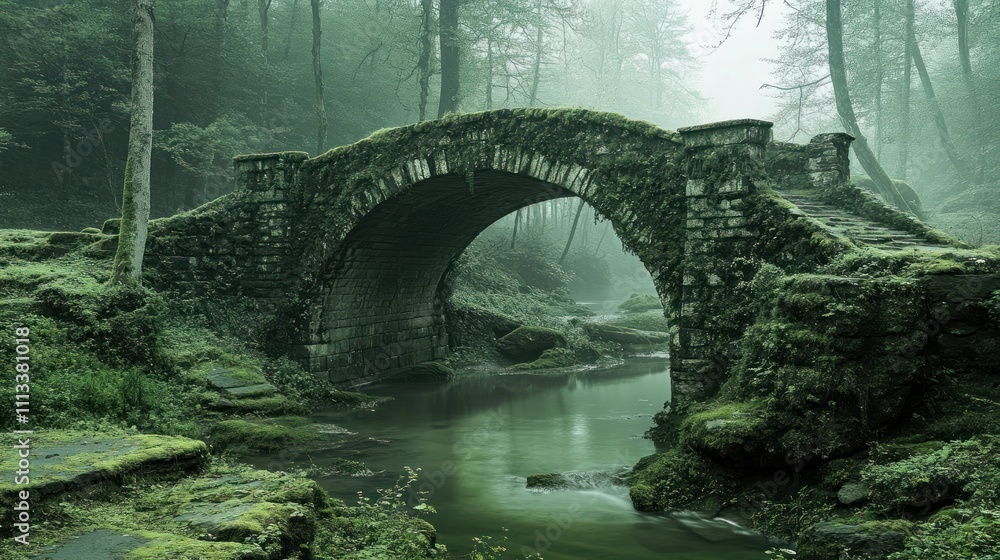 Fototapeta premium Ancient Stone Bridge Over Mossy Forest Stream