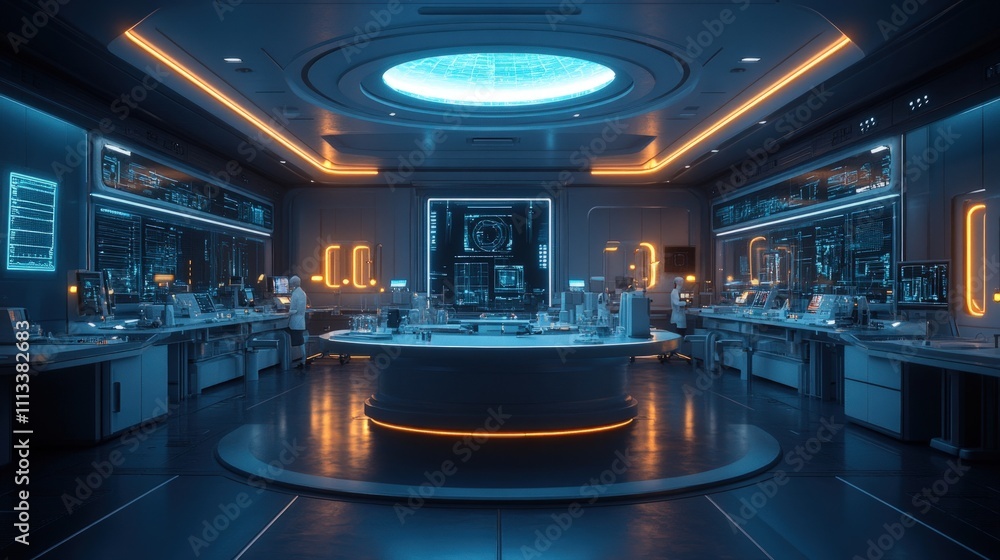 Futuristic lab, scientists working, glowing screens. Futuristic lab, scientists working, glowing screens.