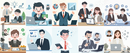 Vector Set of a Business Consultant in a Simple Flat Design Style