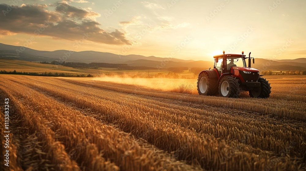 Fototapeta premium Red tractor driving through vast golden wheat field at sunset with mountains in background, conveying peacefulness and serenity