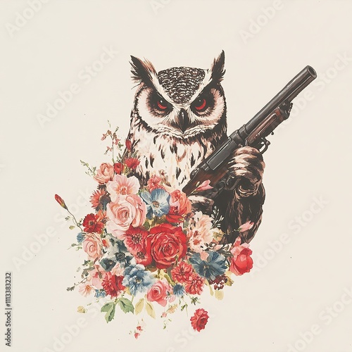 A fierce owl with red eyes holds a shotgun while surrounded by flowers.