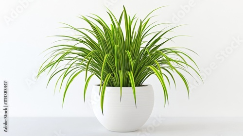 Potted plant with long green leaves in white ceramic pot on smooth round surface against plain white background photo