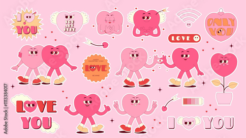 Retro groovy stickers set for Happy Valentines Day. Lovely and funny heart characters in trendy retro 70s 80s style. Love elements on pink background