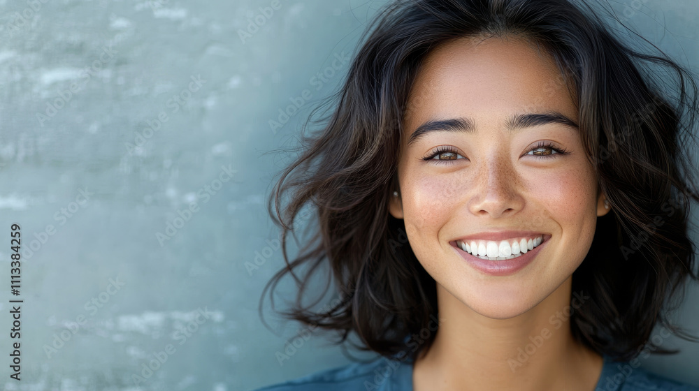 joyful Asian woman with radiant smile against textured background joyful Asian woman with radiant smile against textured background