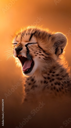 A cheetah cub yawns with its mouth wide open, bathed in warm, golden sunlight. photo