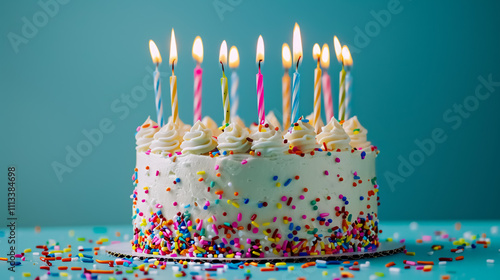 Birthday Cake with Colorful Sprinkles: A cake with colorful sprinkles and twenty-one birthday candles.