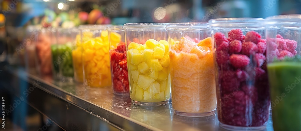 A row of plastic cups filled with diced fruits and raspberries. A row of plastic cups filled with diced fruits and raspberries.