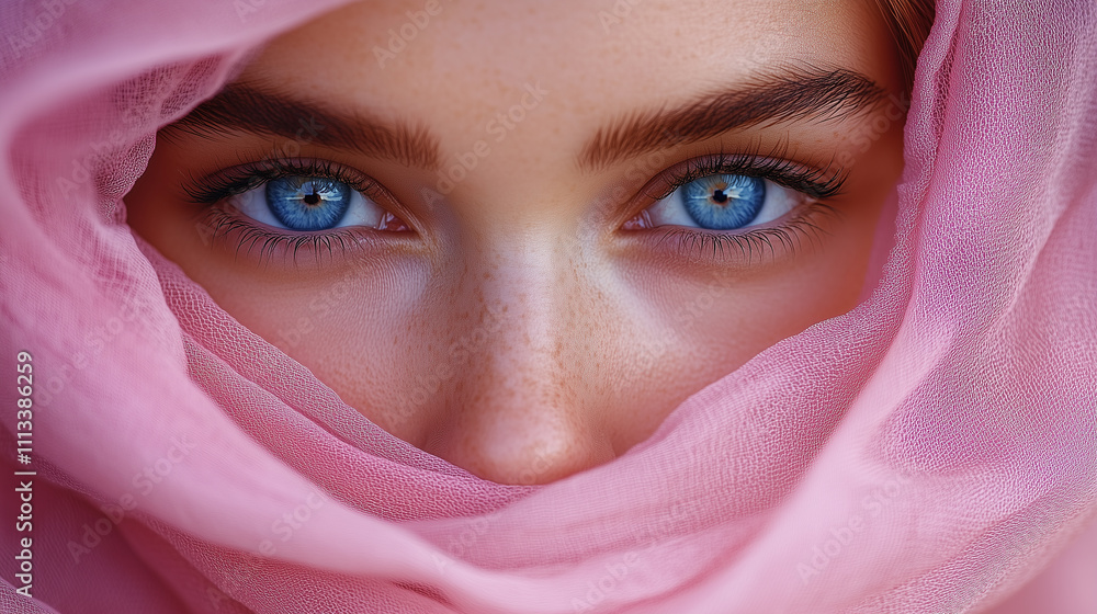 Elegant Close-Up of Woman’s Face with Pink Fabric and Striking Blue Eye Elegant Close-Up of Woman’s Face with Pink Fabric and Striking Blue Eye