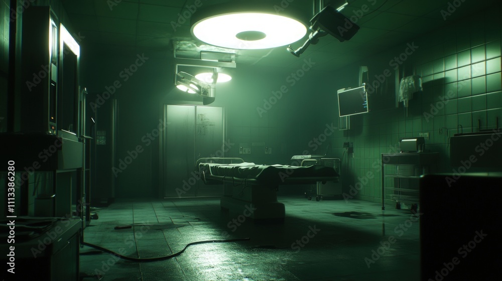 Dark, eerie operating room; empty surgical table. Dark, eerie operating room; empty surgical table.
