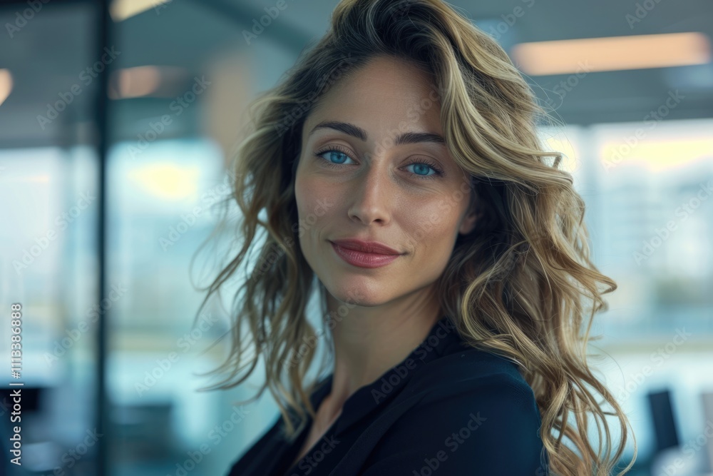 Fototapeta premium Beautiful business lady is looking at camera and smiling while working in office